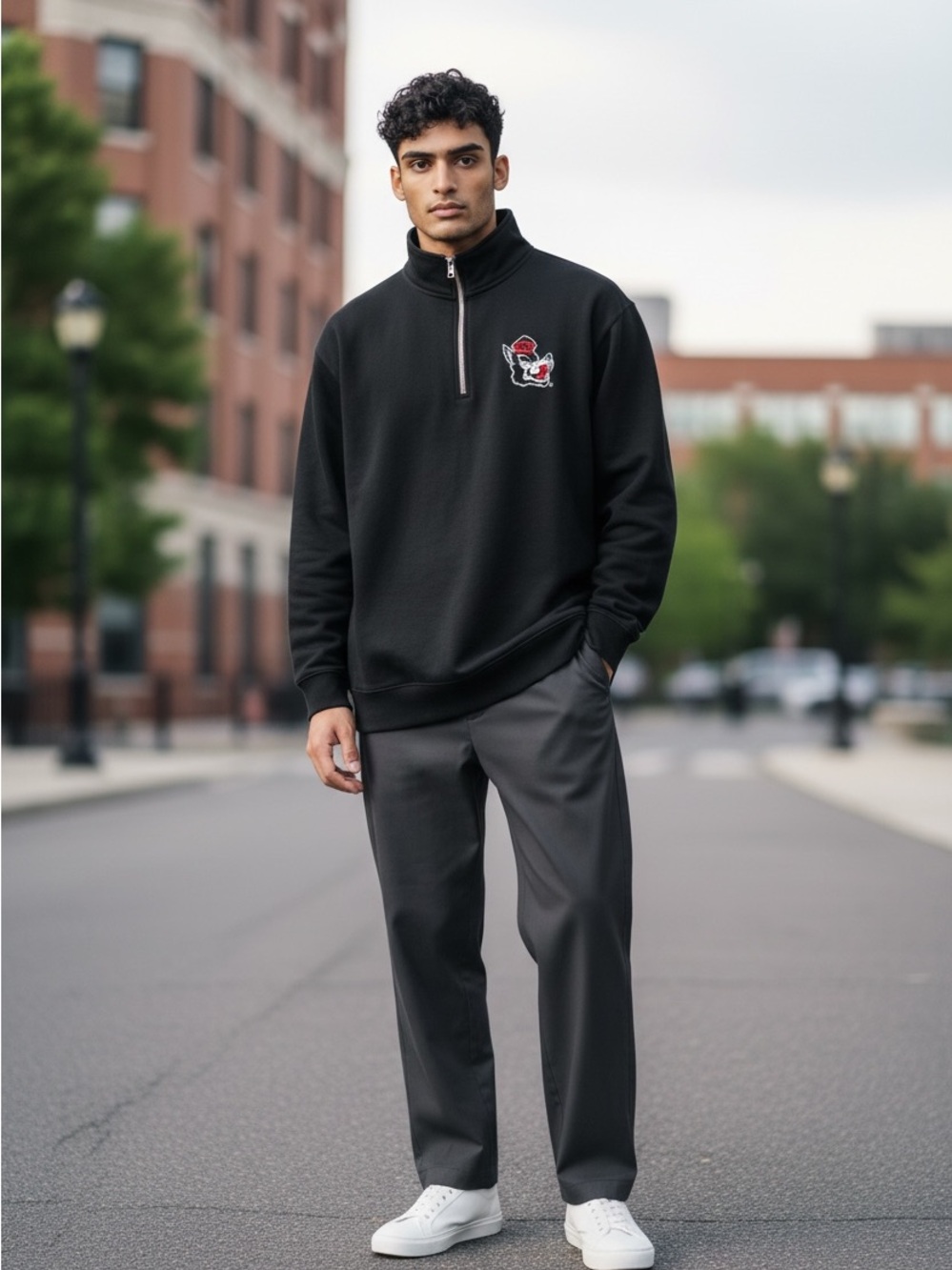 League Black Quarter Zip Up Sweater with NC state patch